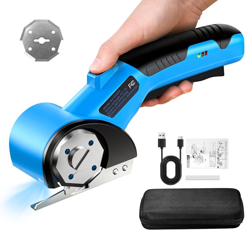 PHYSEN Store Cordless Electric Scissors, 5V Rechargeable Cardboard Box Cutter Heavy Duty Rotary Tool with Safety Lock & LED Light for Cardboard, Fabric, Box (Blue) - Image 1